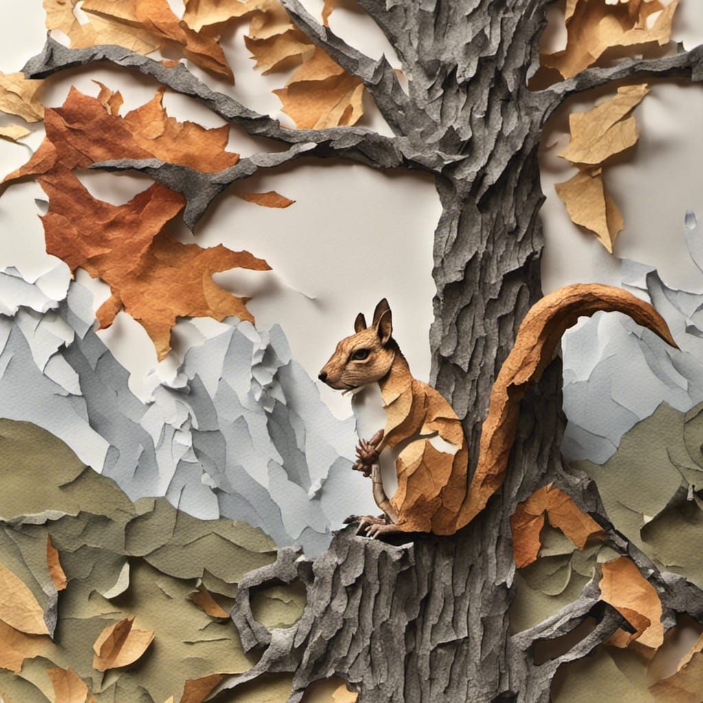 Yggdrasil 3D Paper Collage with Squirrel