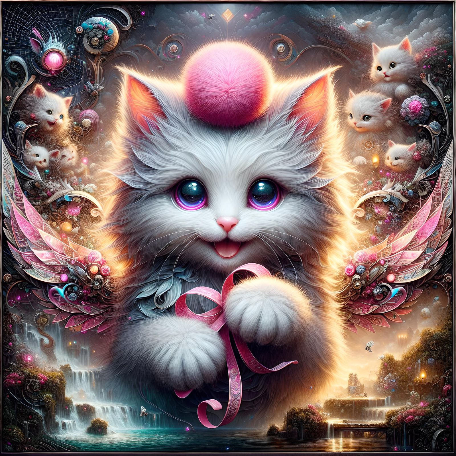 Fluffy Kitten with Pom-Pom in Cyberpunk Forest