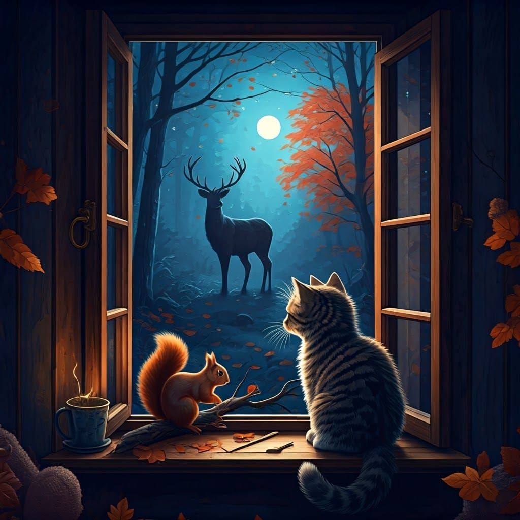 Whimsical Autumn Night Scene with Kitten and Squirrels