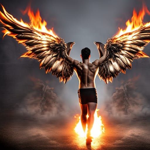 Winged Devil Boy in Leather Shorts, Hyperrealistic