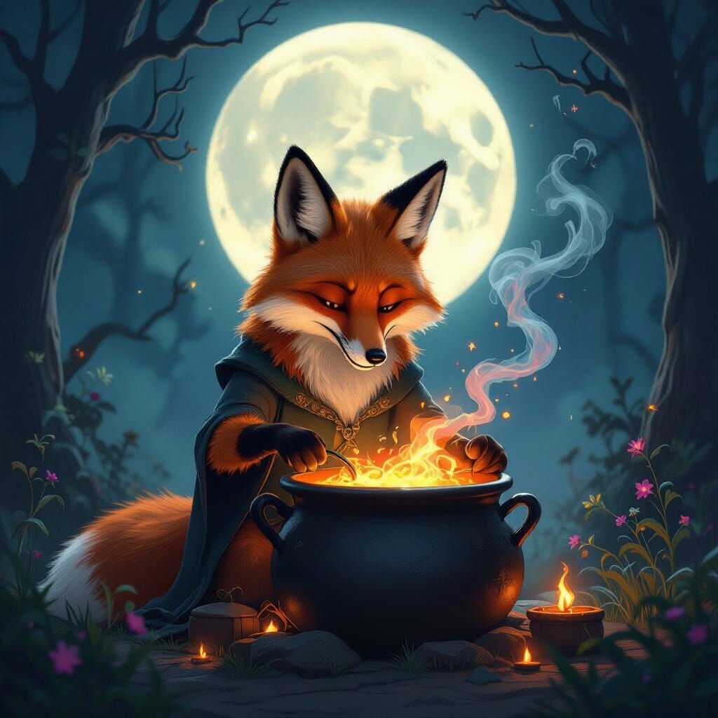 Fox Brewing Potions Under Ethereal Full Moon Light