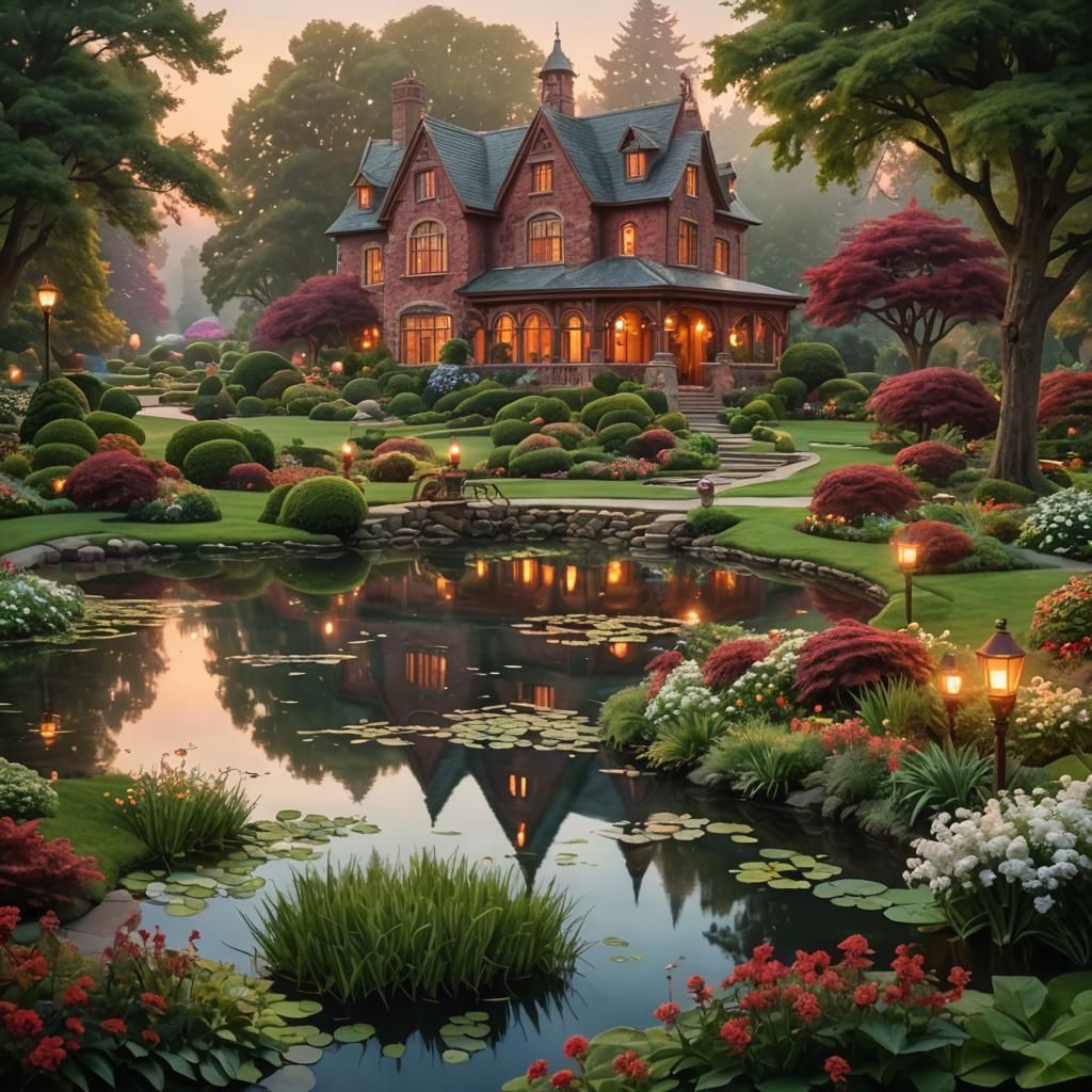 Ethereal Red Stone Mansion in Fantasy Landscape