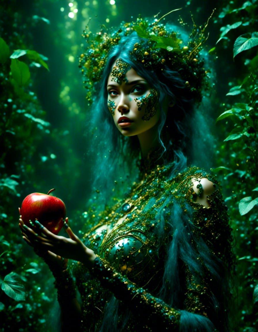 Cyber-Organic Woman in Jungle with Apple