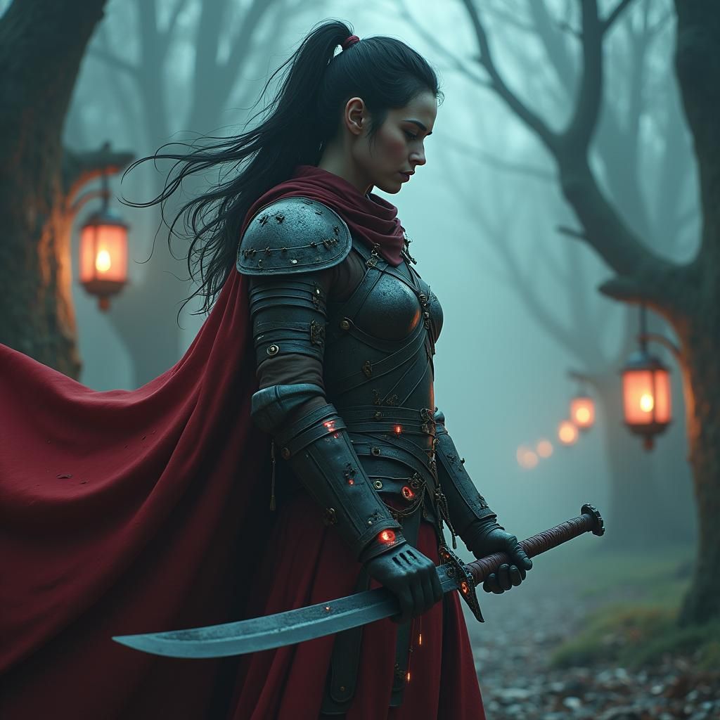 Dark Fantasy Warrior Cuts Arm in Eerie Landscape