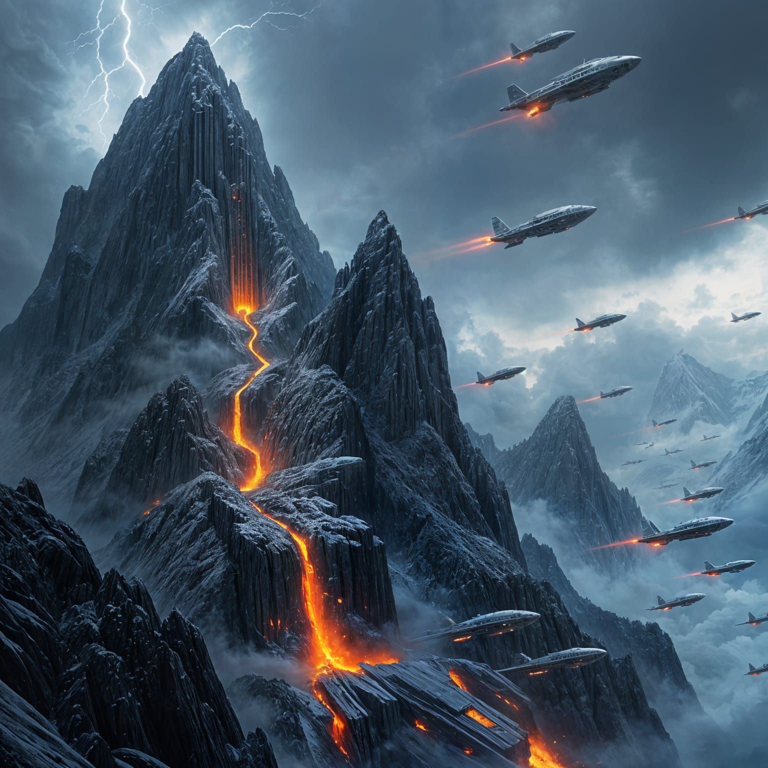 Obsidian Fortress on Stormy Peak with Airships