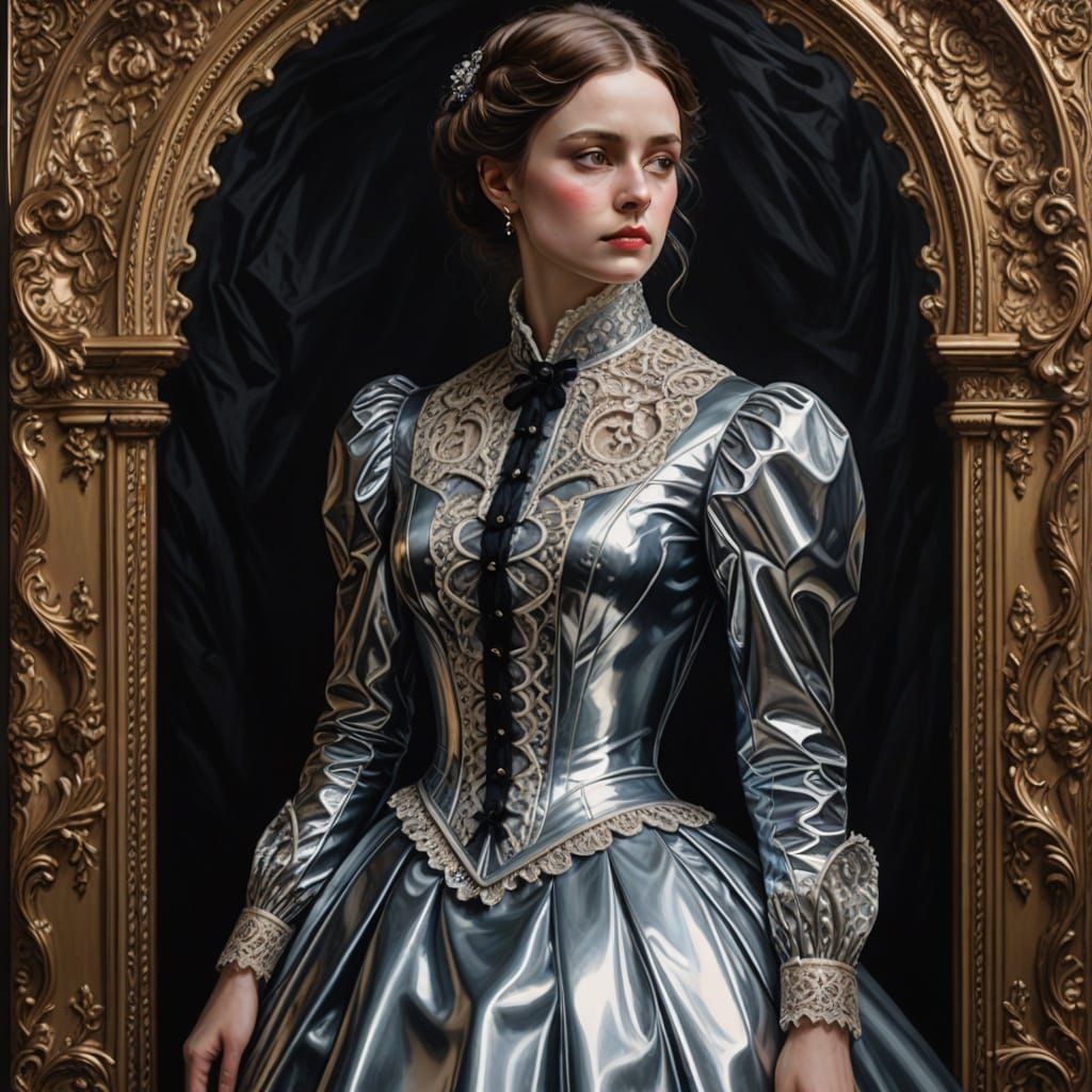 Hyperrealistic Woman in Victorian Vinyl Dress