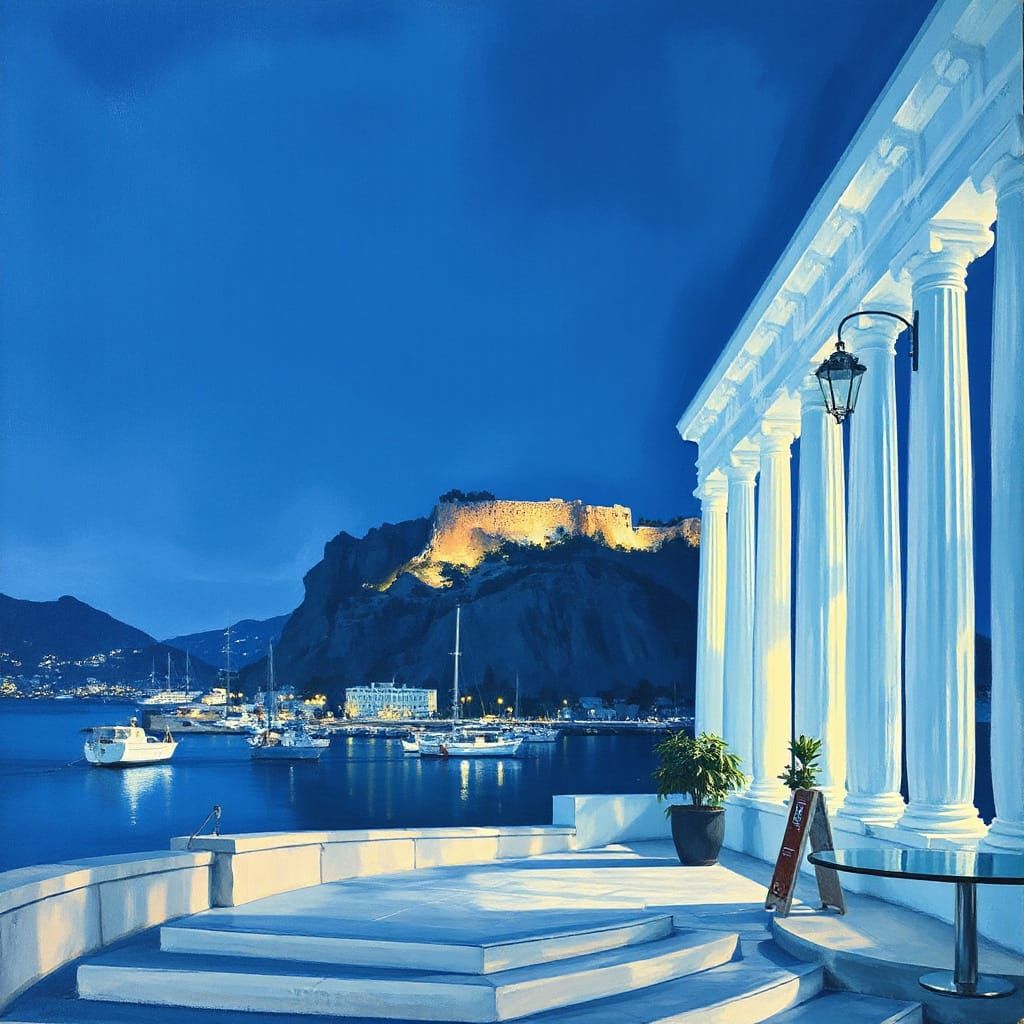 Light Blue Night Painting of Athens