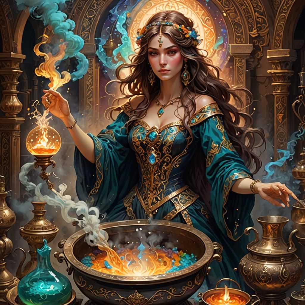 Byzantine Sorceress Brewing Magic in Fantasy Art