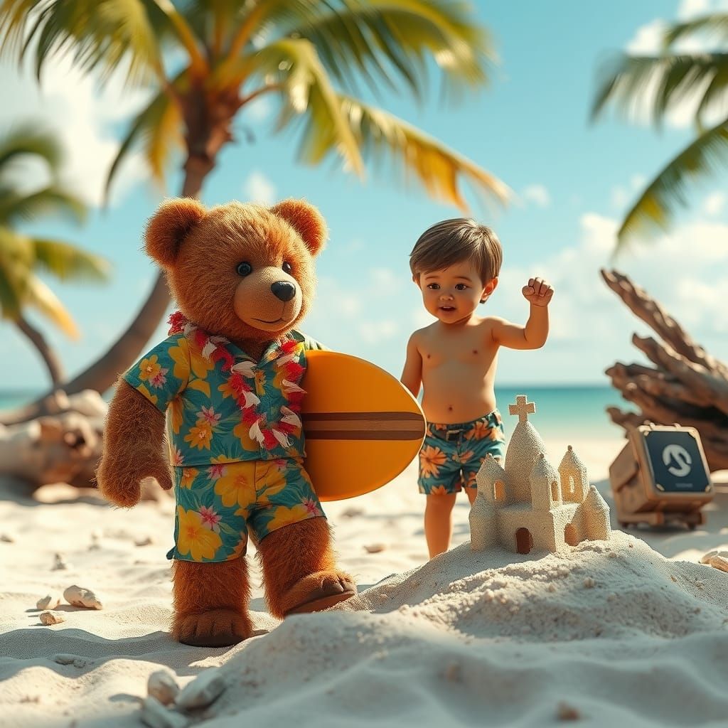 Teddy Bear Surfer on Beach in Photorealistic Style