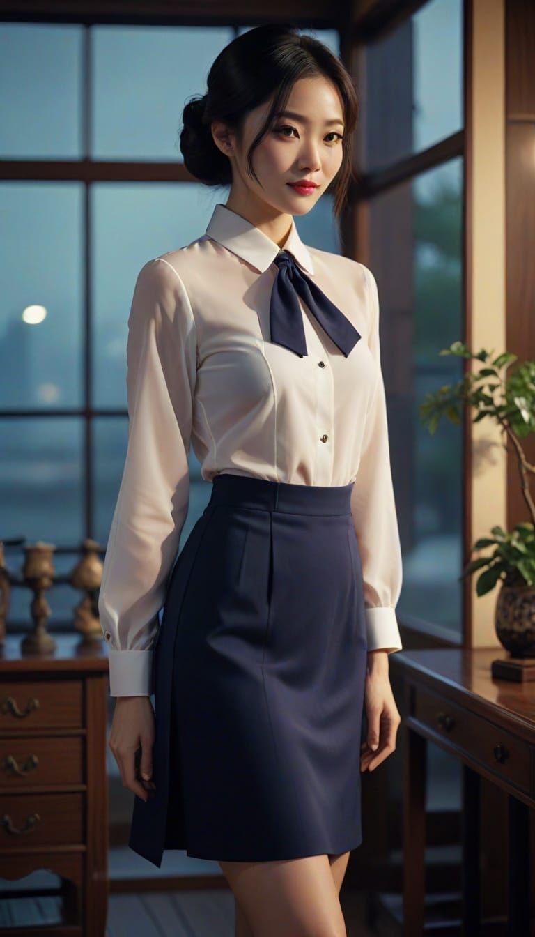 Japanese Future Fashion: Woman in Tight Jumper Dress Uniform