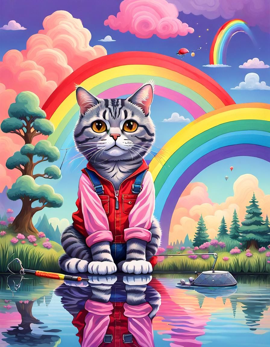 Psychedelic Tabby Cat Fisherman in Pastel Rainbow Park