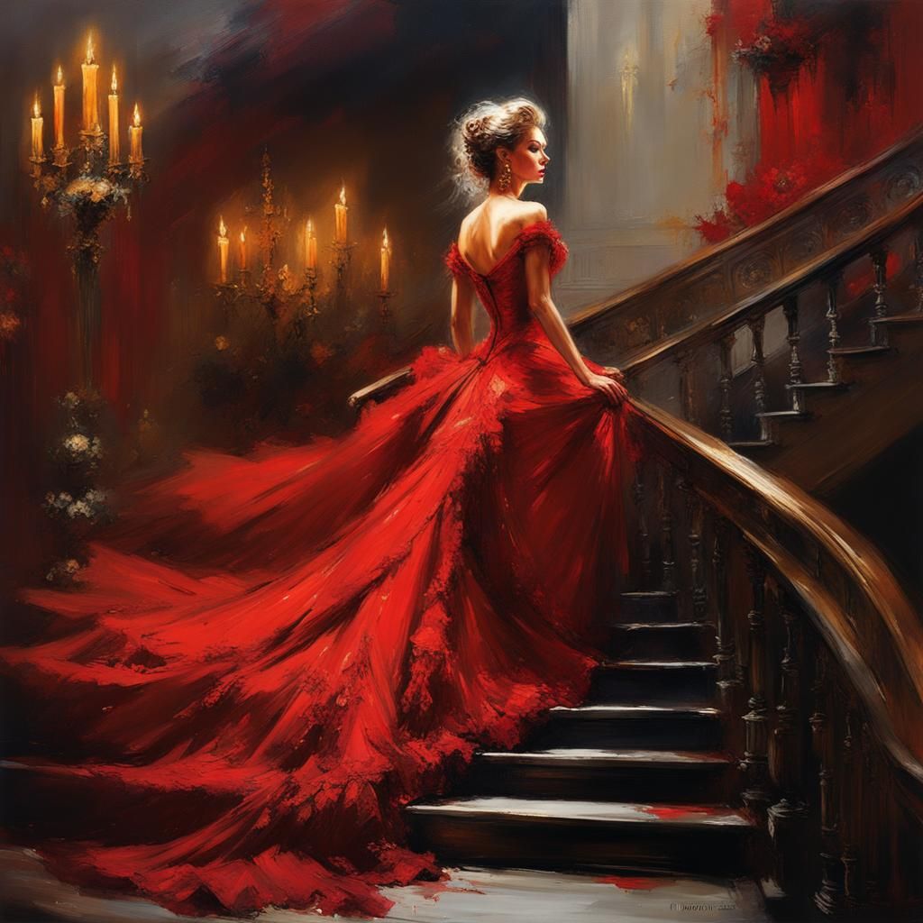 Elegant Woman in Red Gown: Dramatic Fine Art