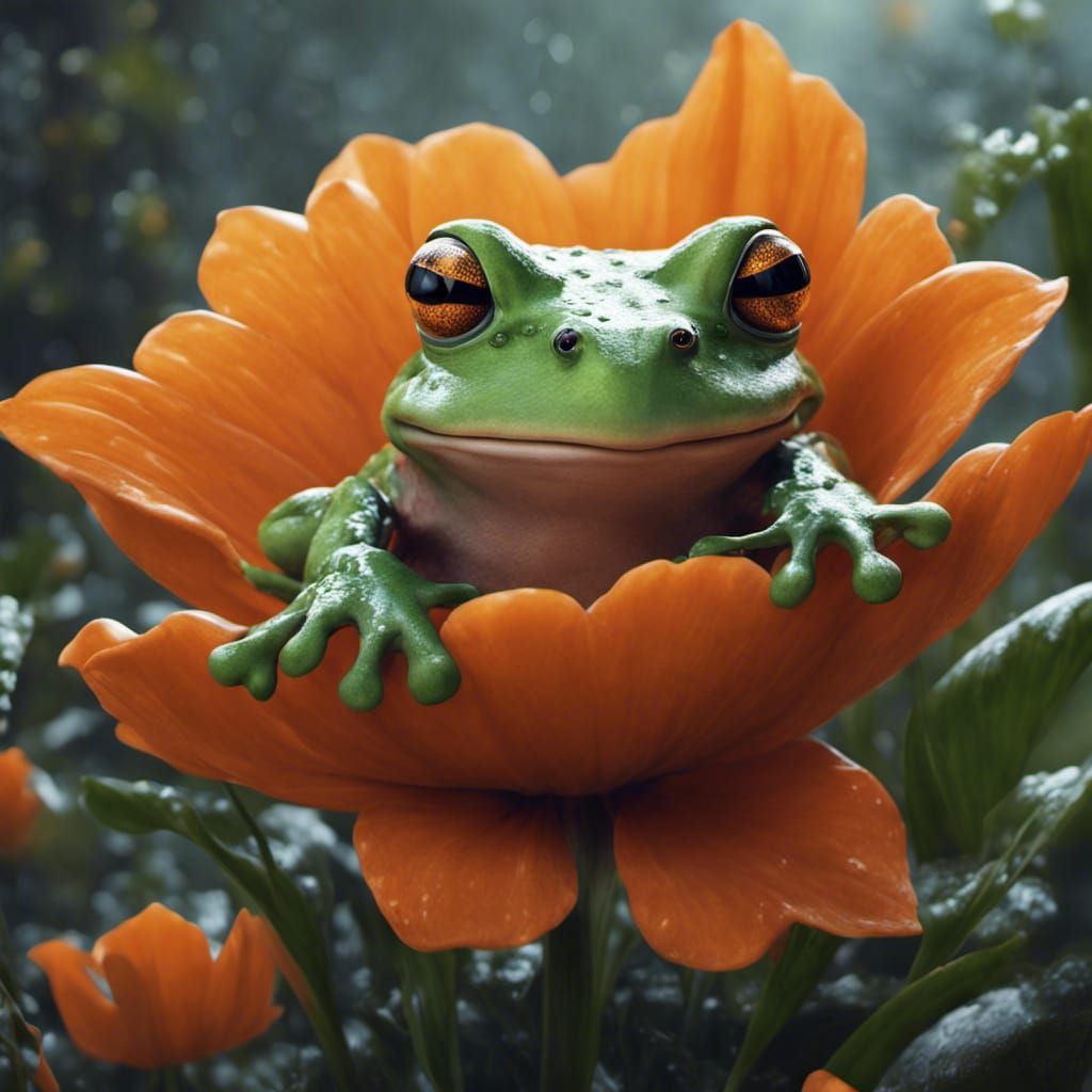 Frog in Orange Flower: Detailed Fantasy Art