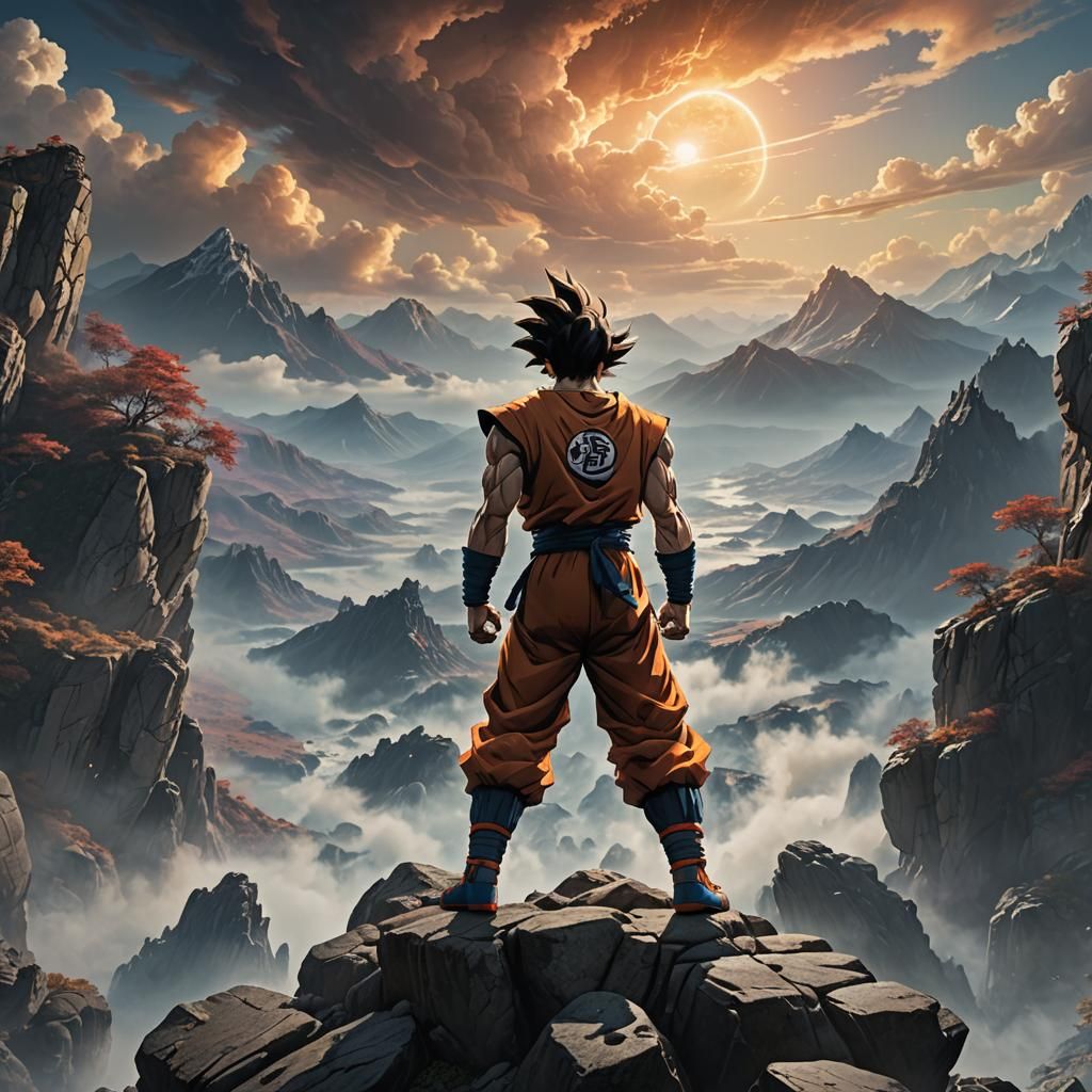 Goku Triumphant on Rocky Cliffside in Fantasy Art