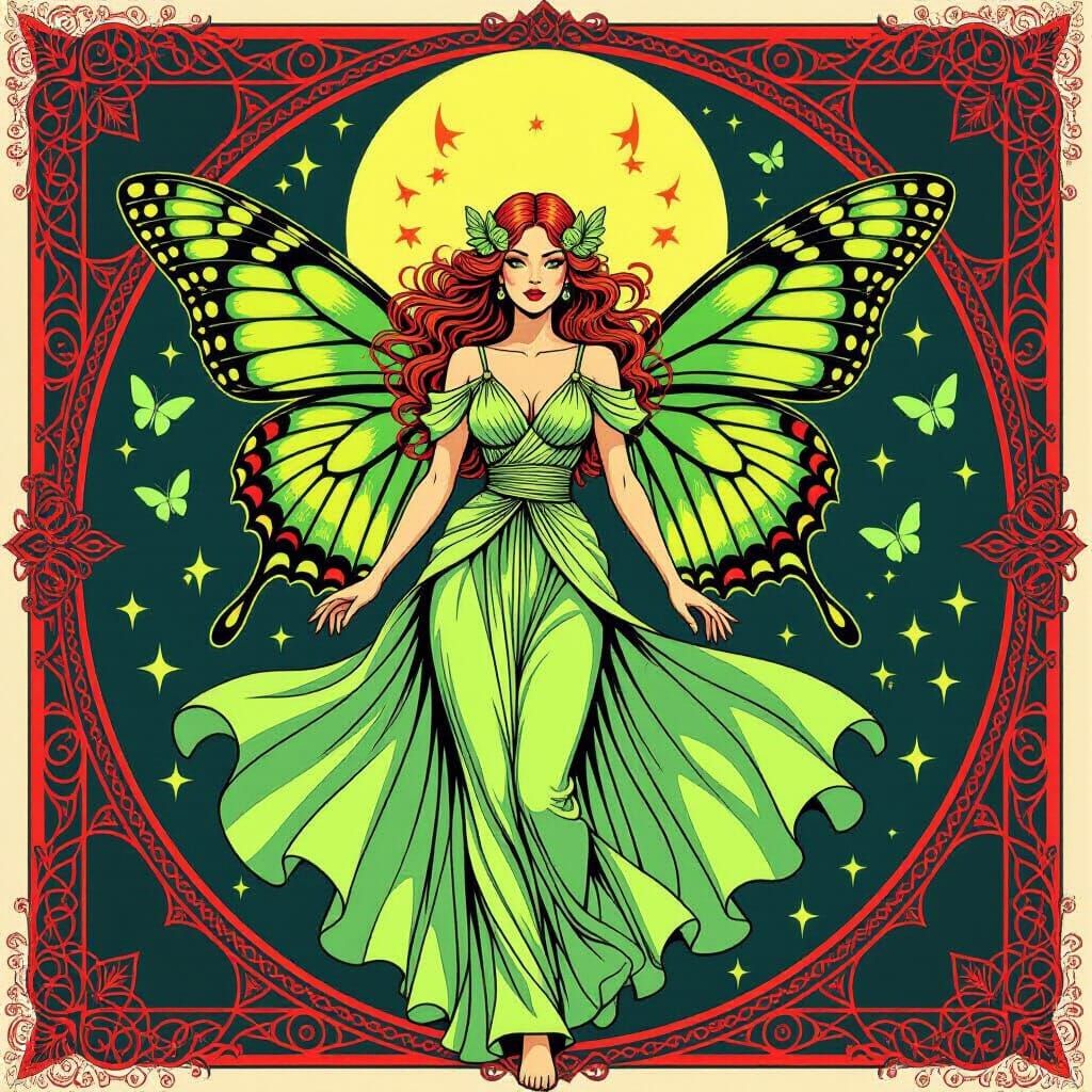 Goddess of Luna Moths with Red Hair in Pop Art Style