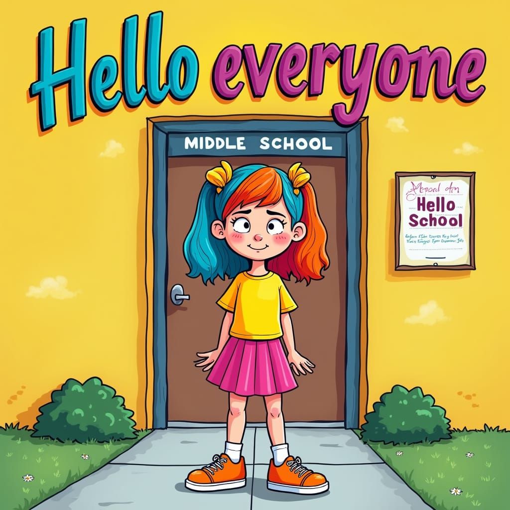 Girl with Colorful Hair in Front of School Entrance