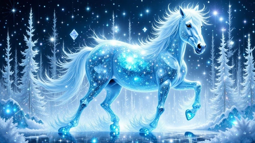Sparkling Snow Horse in Enchanted Ice Forest