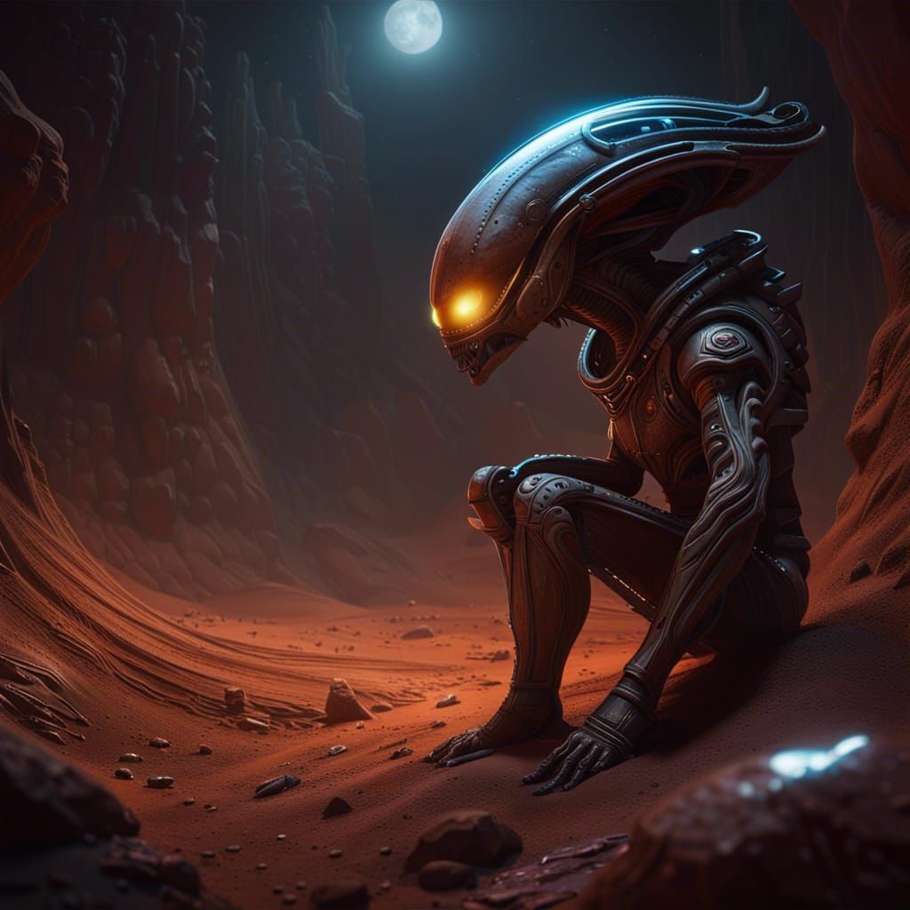 Alien on Mars with Magic, Hyperdetailed Dark Fantasy