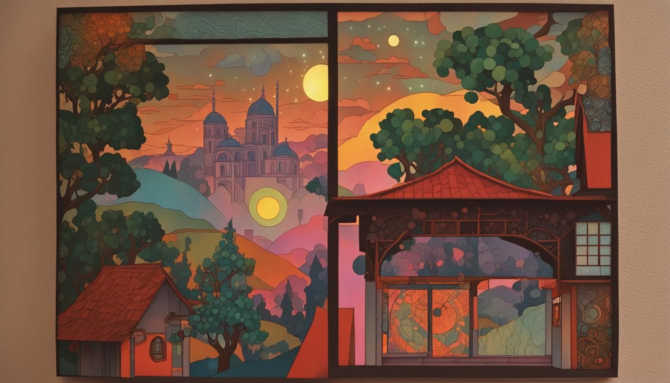 Geometric House with Orchard Sunset: Aetherpunk Impressionis...