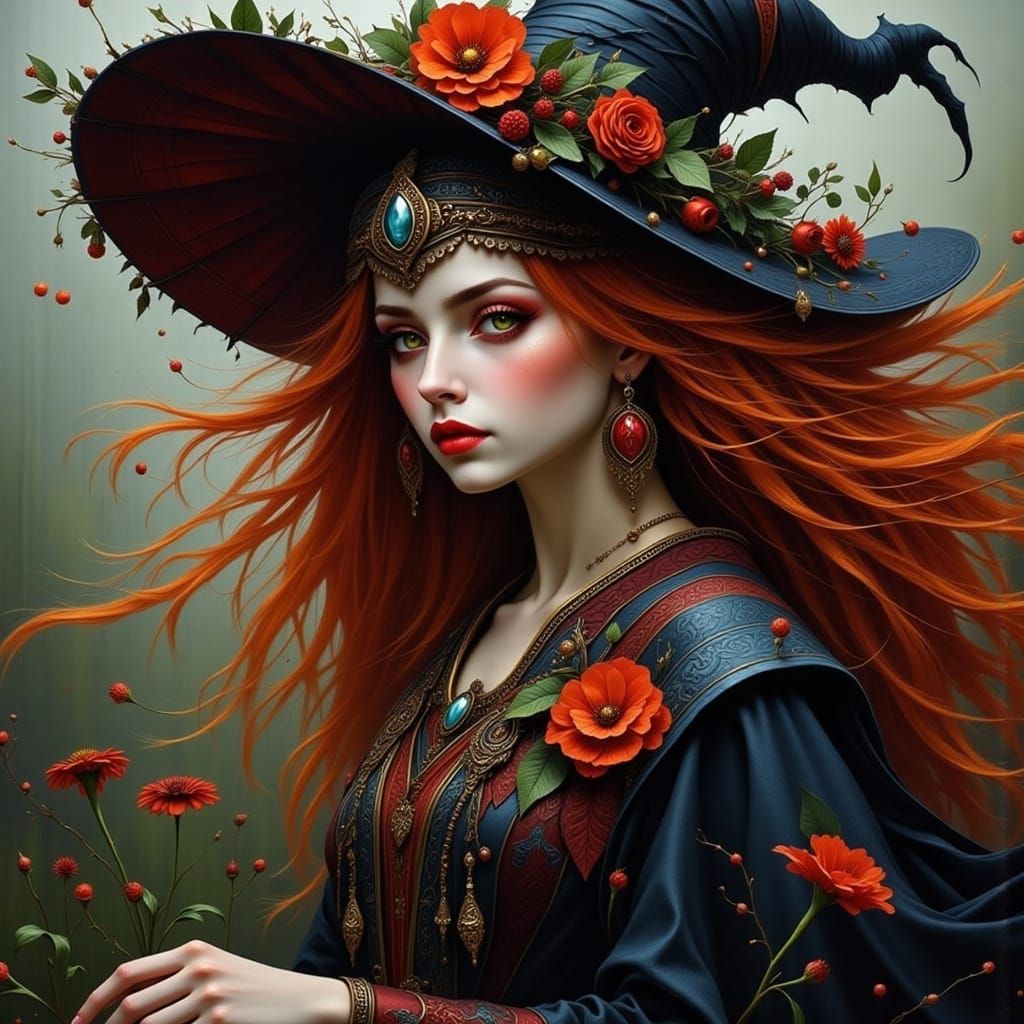 Deco Surreal Witch with Flowing Red Hair