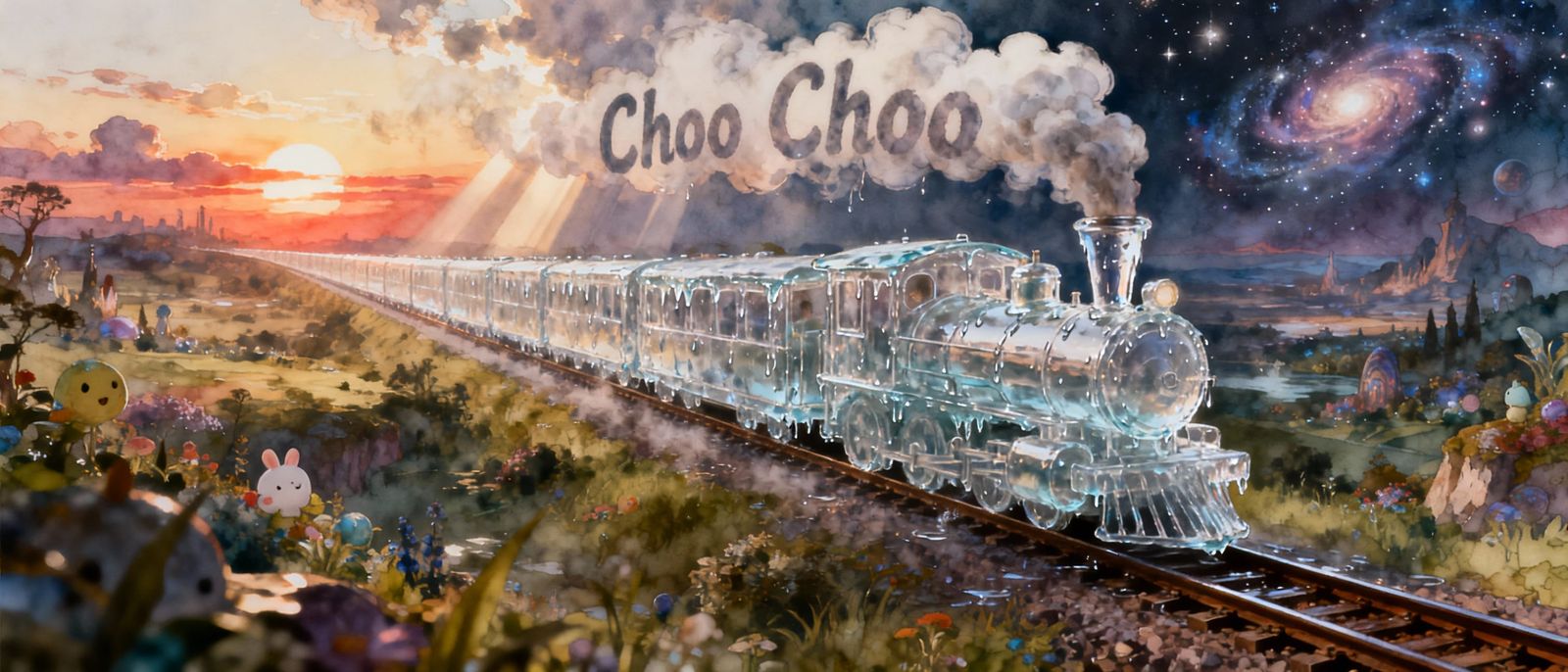 Water Train Speeds Through Cosmos in Stylized Watercolor