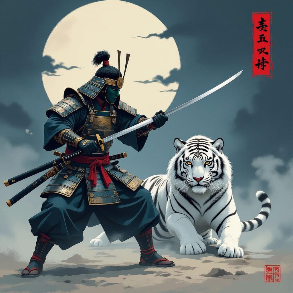 War Monk and Siberian Tiger in Dark Art Style