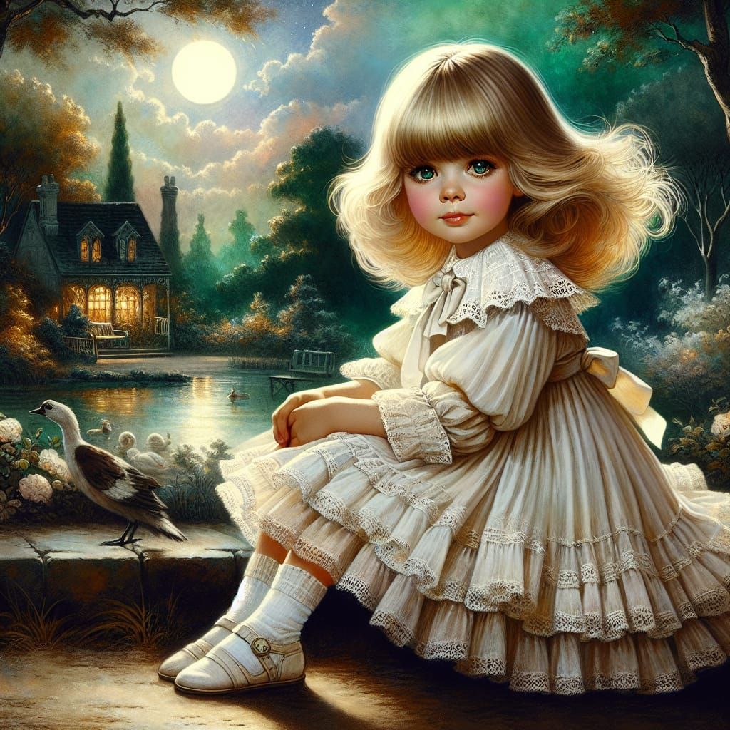 Old-Fashioned Girl in Moonlit Park: Charming Illustration
