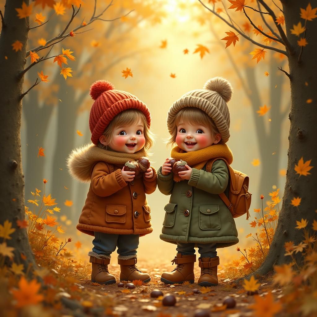 Children Picking Chestnuts in Impressionistic Autumn Forest