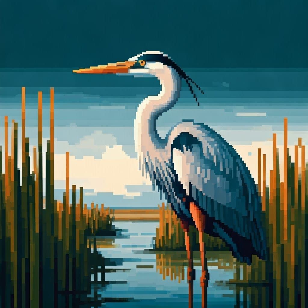 Heron in Salt Marsh: 16-bit Pixel Art