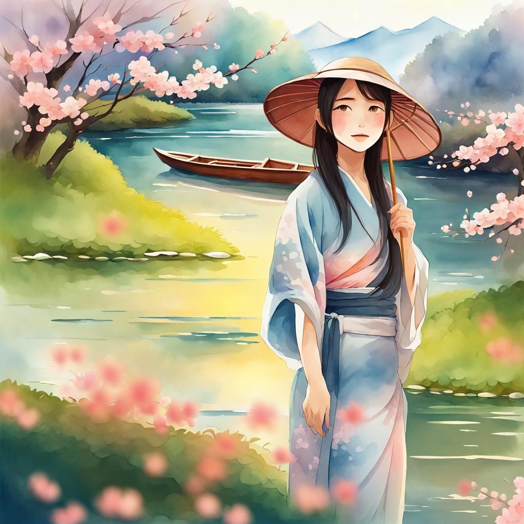 Japanese Cherry Blossoms in Watercolor Style
