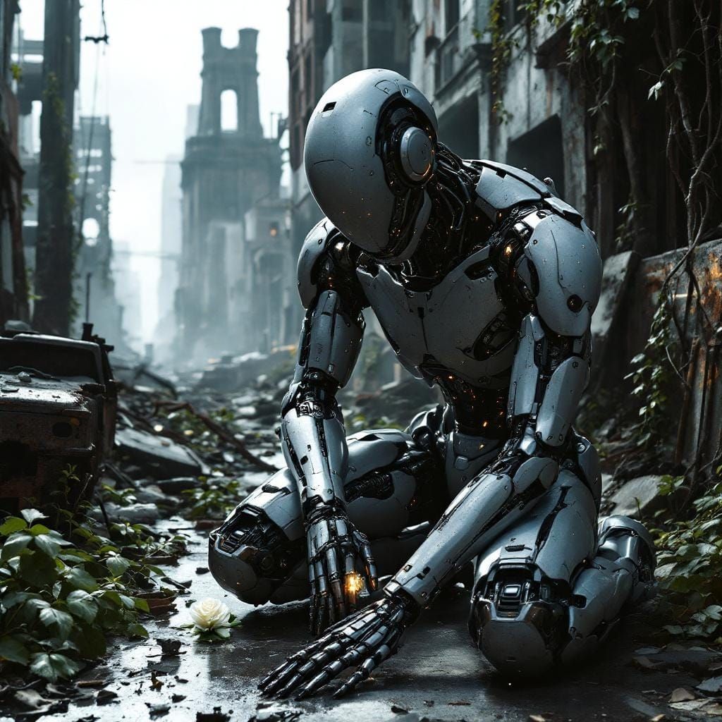 Robot in Ruined City with Glowing Rose