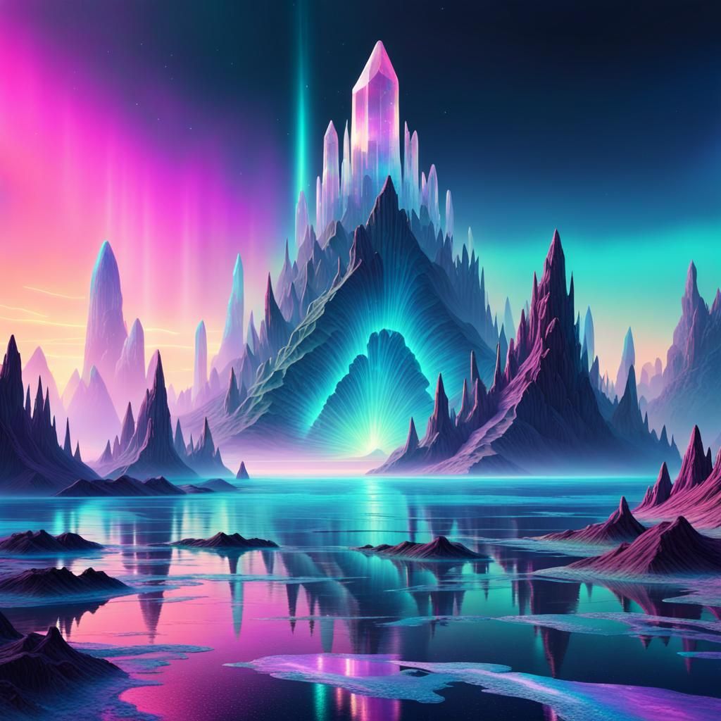 Iridescent Alien Landscape with Crystalline Structures