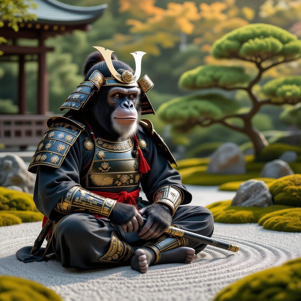 Samurai Chimpanzee Contemplating Life in Zen Garden