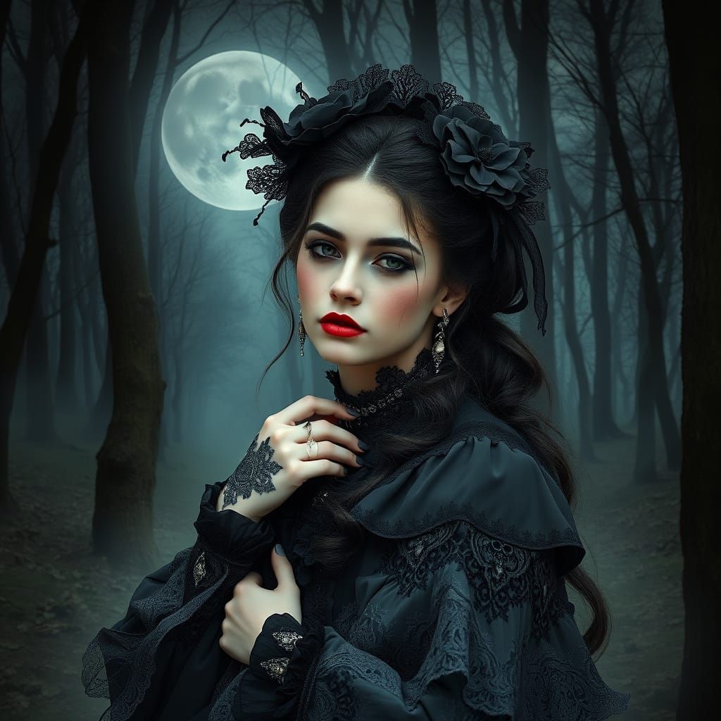Gothic Victorian Girl in Moonlit Forest