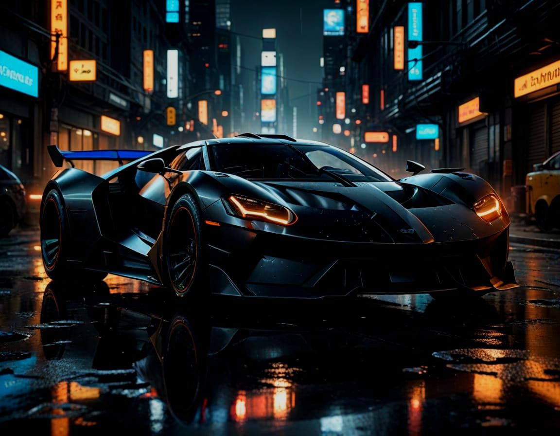 Futuristic Batmobile Concept in Dark City