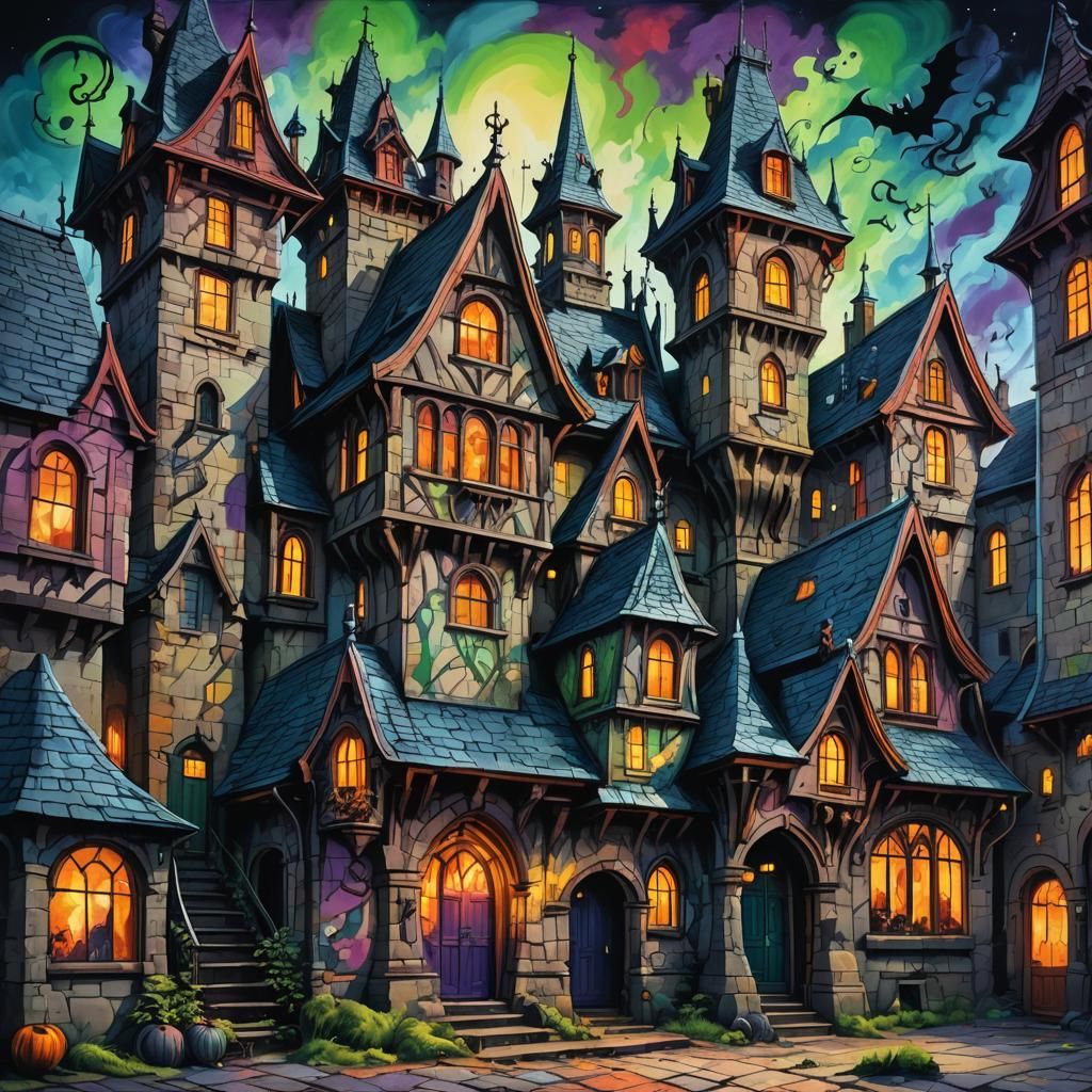 Victorian Witches' Manor in Graffiti Art Style