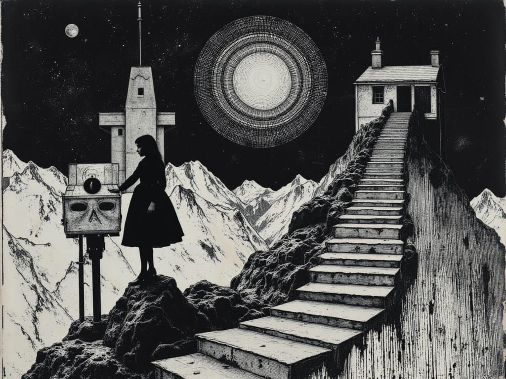 Alice, Neo, and the White Rabbit: Escher-Klimt Fusion