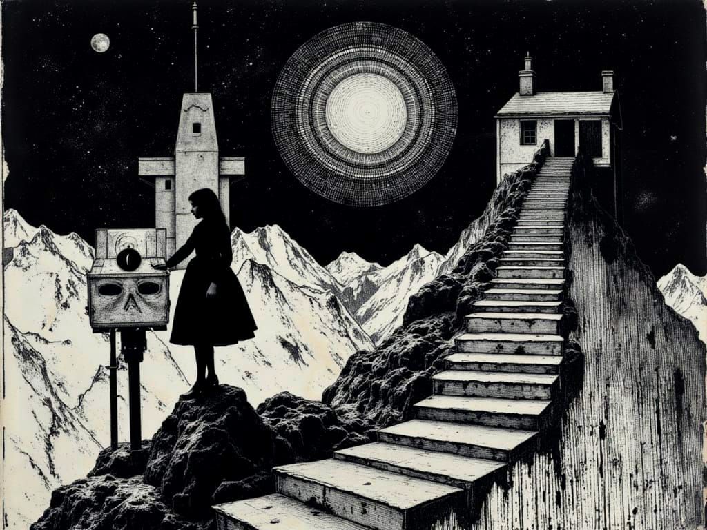 Alice, Neo, and the White Rabbit: Escher-Klimt Fusion