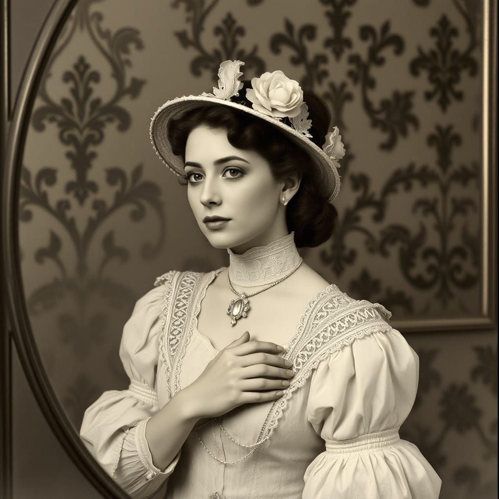 Edwardian Woman in Whimsical Self-Reflection