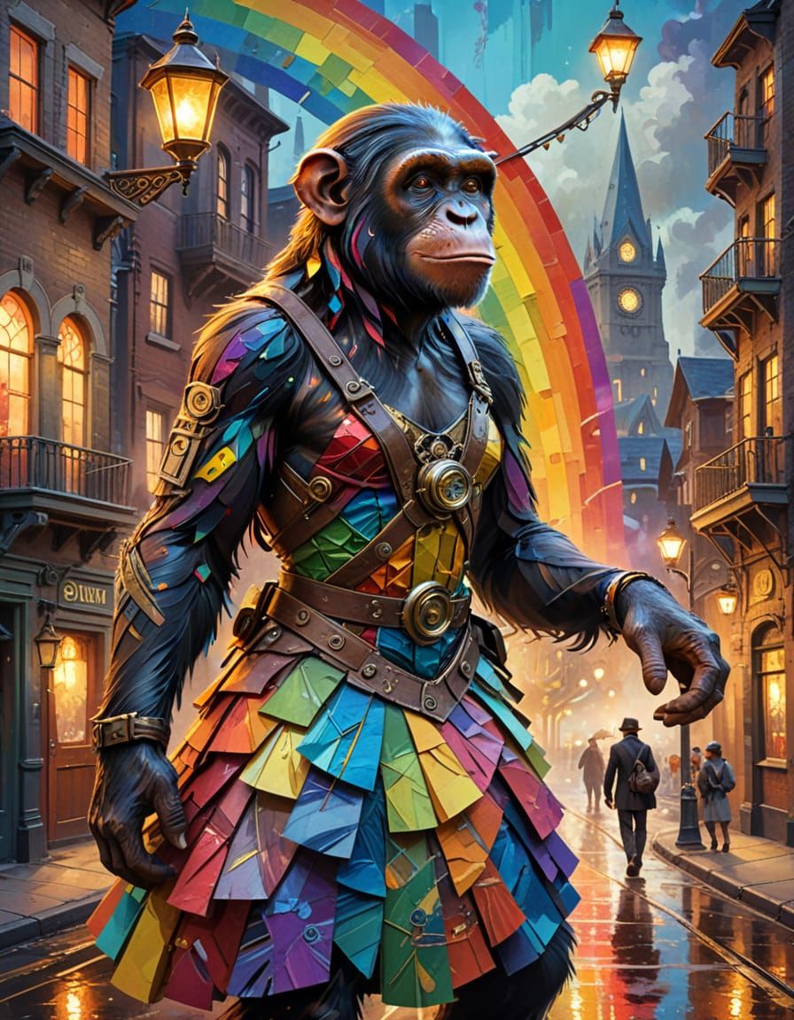 Steampunk Chimp in Rainbow Dress Explores Paper City