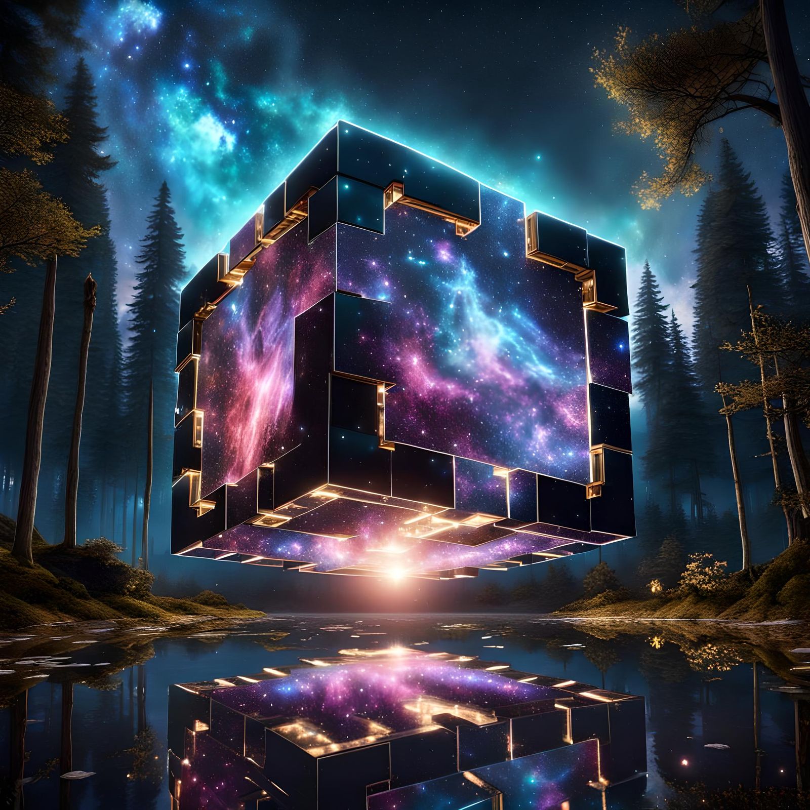 Fantastic Cube Spaceship Ascends from Enchanted Wood