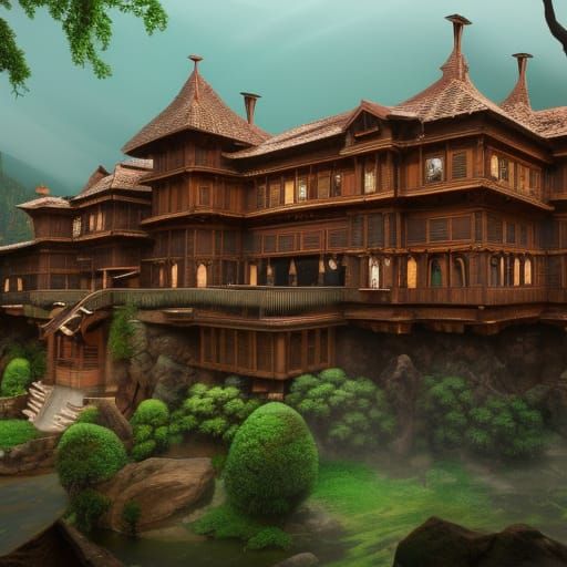 Detailed Wooden Palace with French Garden