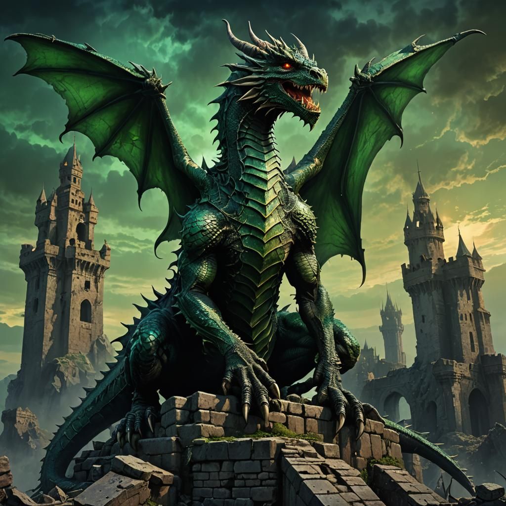 Terrifying Dragon Dominates Ruined Castle in Dark Fantasy Ar...