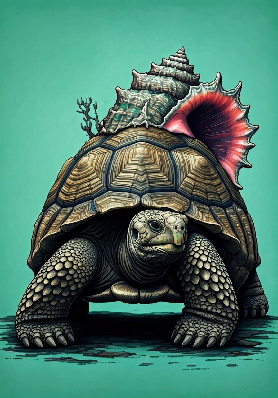 Surreal Tortoise with Ornate Conch Shell