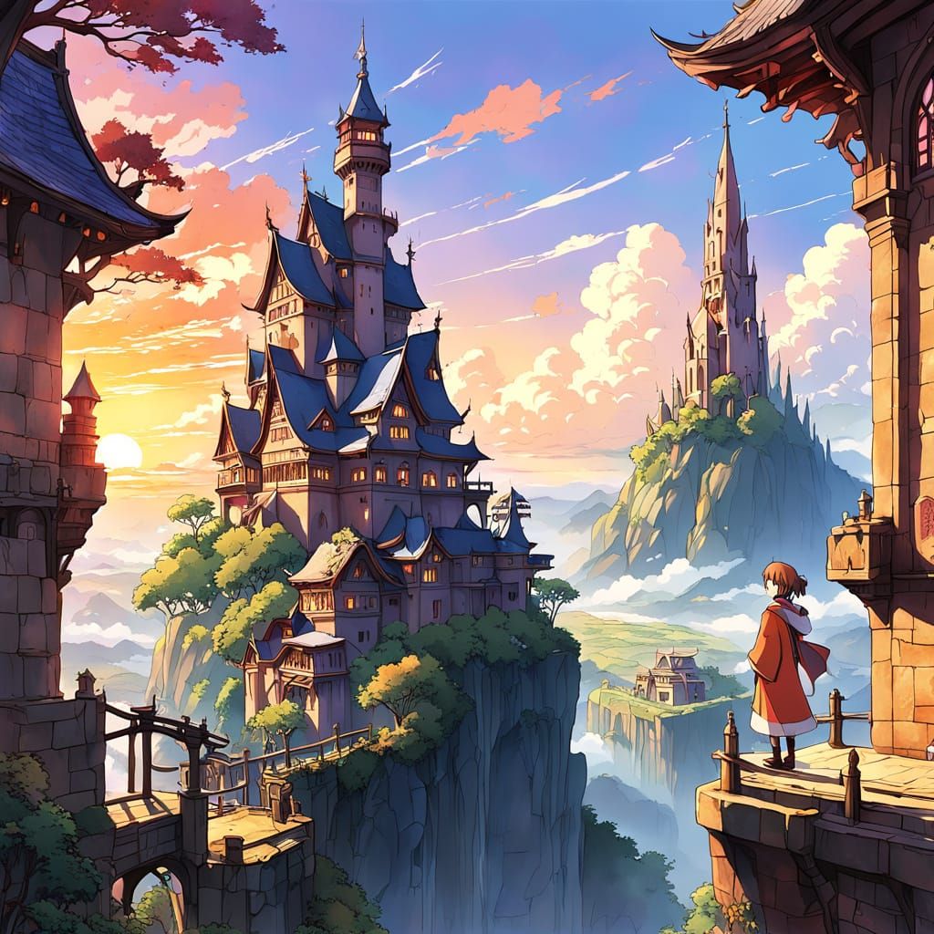 Vibrant Anime Mage Towers in Sunset Glow
