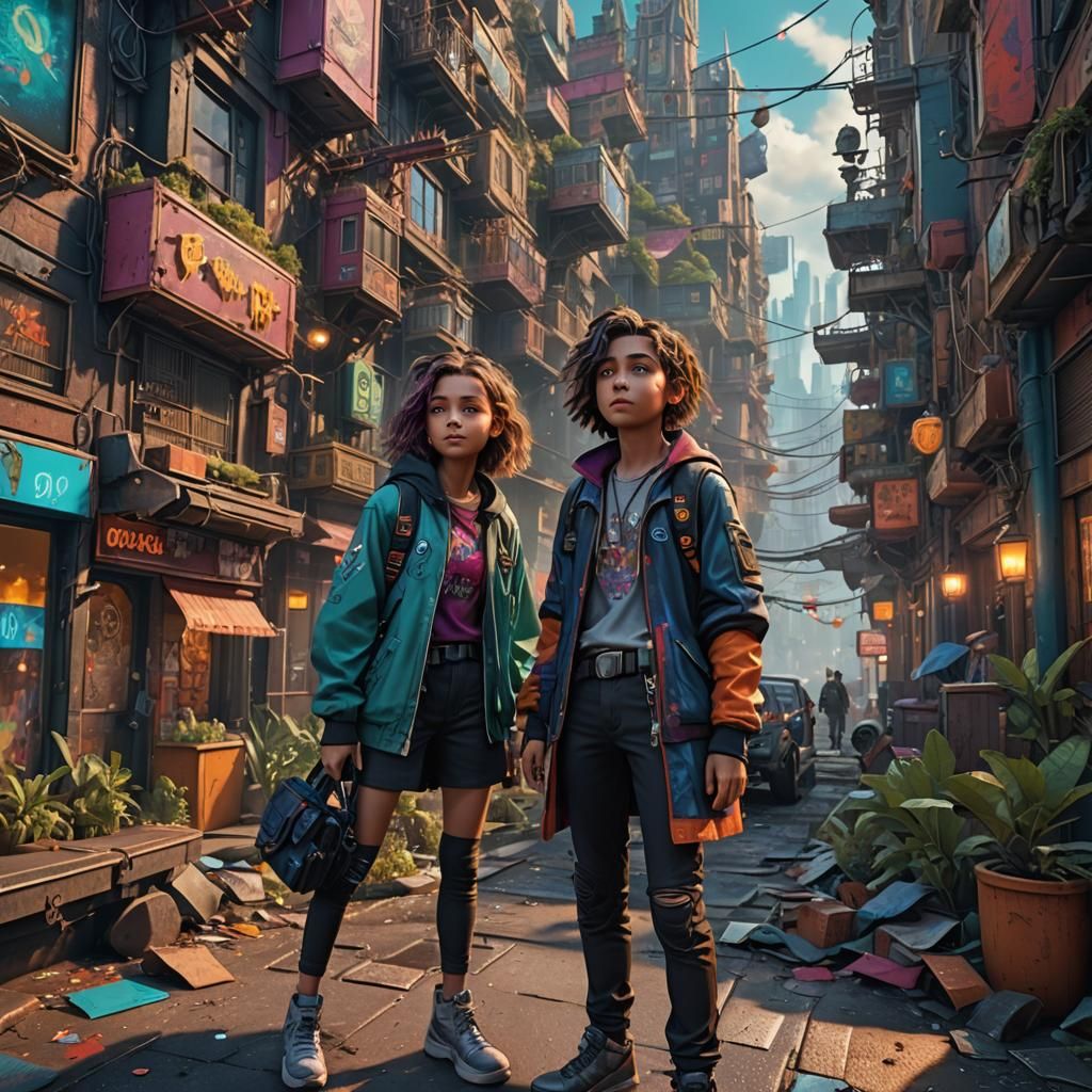 Funky City Scene with Girl and Boy
