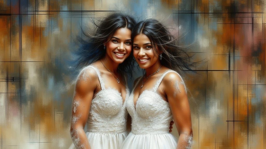 Happy Lesbian Couple's Wedding Day in Abstract Style