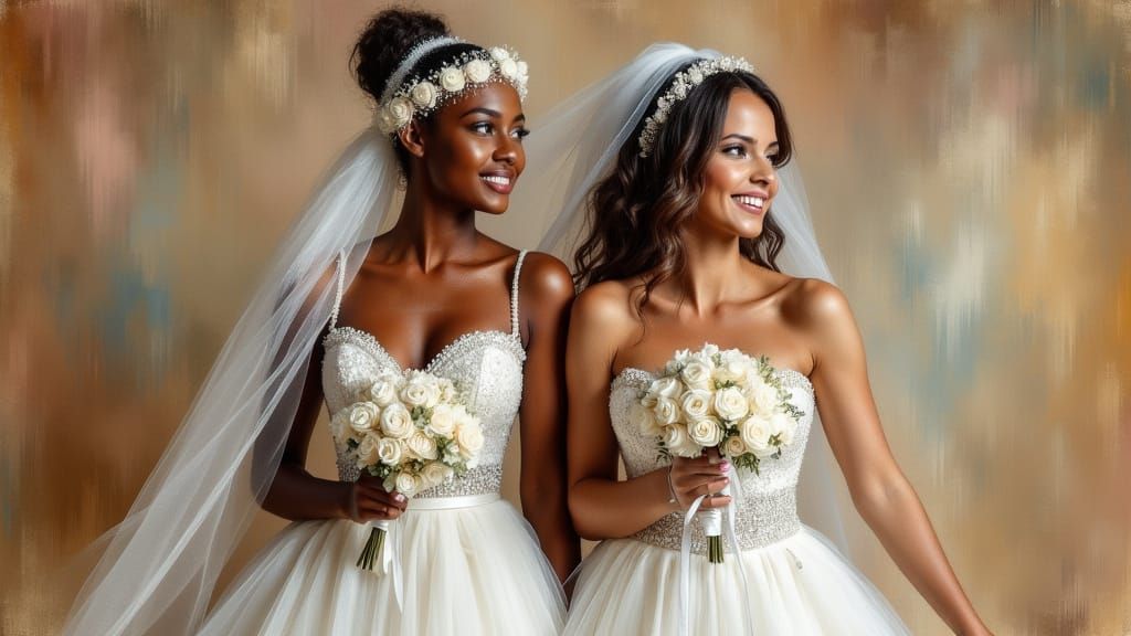 Radiant Mixed-Race Lesbian Couple's Wedding Day Portrait