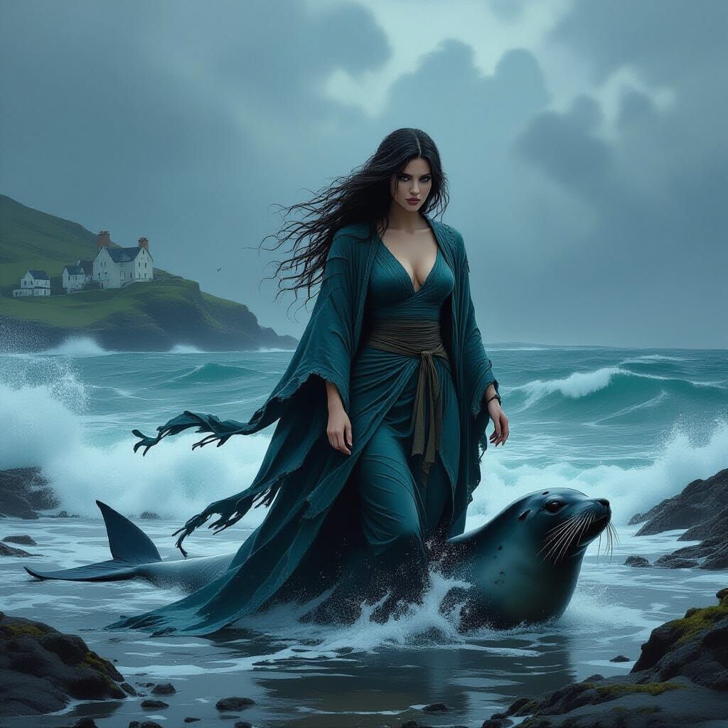 Selkie Woman Emerges from Seal in Stormy Scottish Scene