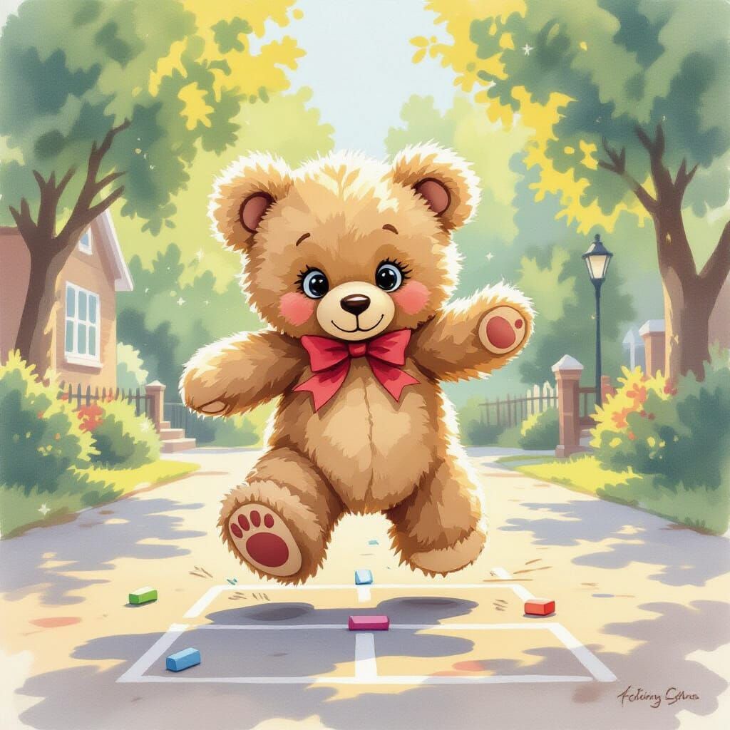 Fluffy Teddy Bear Plays Hopscotch in Watercolor Style